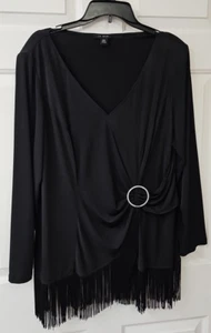 Womens LE BOS Blouse Top Size 14W BLACK Fringe Rhinestone Accent - Picture 1 of 7