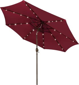9 Ft Solar Umbrella, 32 LED Lighted Patio Umbrella (Burgundy) - Picture 1 of 11