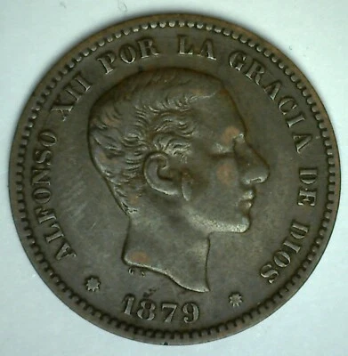 Moneda de 5 Céntimos de Bronce OM 1879 España Circulada You Grado Alfonso XII Gobernante Foto 1 de 2