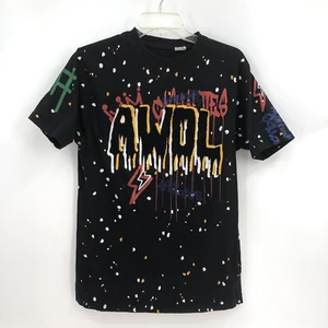AWOL Black Tee White Splatter Paint Tee Shirt Chenille Patch Mens L Skater Emo - Picture 1 of 11