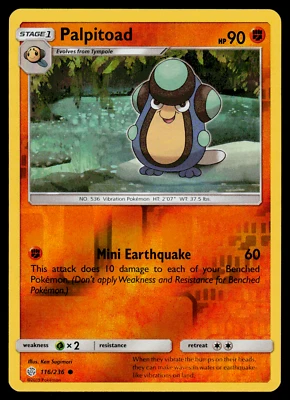 Pokemon Card - SM - Cosmic Eclipse Palpitoad 116/236 Reverse Holo - NM - Image 1 of 2