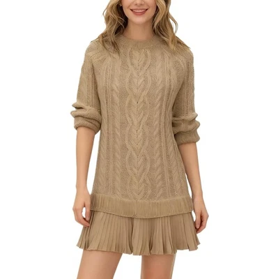 Women Crewneck Cable Knit Sweater Mini Dress Twofer Style Crew Neck Long Sleeve - Image 1 of 4