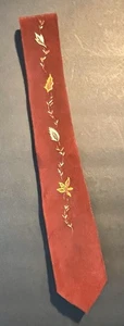 Vintage Beau Brummel Brown Neck Tie Embroidered Autumn Leaves - Bild 1 von 6