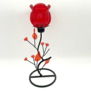 Red Rose Candleholder - Valentine Love Romantic Candle - Glass Plastic Metal - Picture 1 of 9