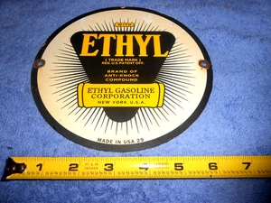 VINTAGE 7 IN ELHYL BENZIN CORP. WERBESCHILD HEAVY METAL PORZELLAN -Z 540 - Bild 1 von 6