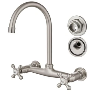 Brushed Nickel Wall Mounted Kitchen Sink Faucet Wall Mount Faucet 8 inch Cent... - Picture 1 of 9