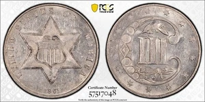 1861 3 CENT SILVER TRIME PCGS MINT ERROR CLASHED DIES MS61 🔥 - Picture 1 of 3