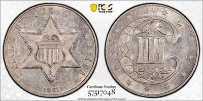 1861 3 CENT SILVER TRIME PCGS MINT ERROR CLASHED DIES MS61 🔥 - Image 1 of 3