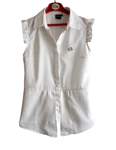 Disney Micki Collared White Blouse Half Button Pleated Armhole High-Low Size 3 - Picture 1 of 17