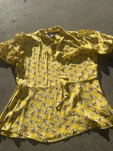 Anthropologie Girls From Savoy Lemon Liftoff Eulenmuster Seide Krawattenausschnitt Bluse 14 - Bild 1 von 10