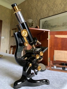 Vintage W. Watson & Sons Ltd - Service Monocular Brass Microscope - c1938, Cased - Picture 1 of 19