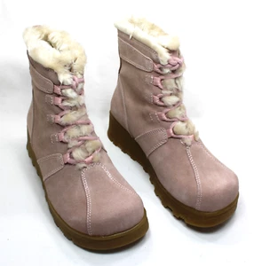Pink Suede Leather Hiking Boots Colin Stuart Women's Size 8M Faux Fur Trim NEW - Picture 1 of 17