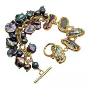 Punk Natural Cultured Black Biwa Freshwater Pearl Plated Chain Bracelet 8" - Picture 1 of 11