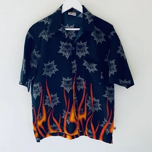 Mens B.A.D Industries Flame and Skull Button Up collared Shirt - S/M - Free Post - Picture 1 of 12
