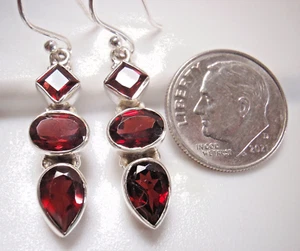 Faceted Garnet Triple-Gem 925 Sterling Silver Dangle Earrings - Picture 1 of 3