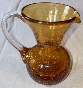 Vintage Blenko Amber Crackle Glass Mini Pitcher, Clear Applied Handle, 1960's - Picture 1 of 9