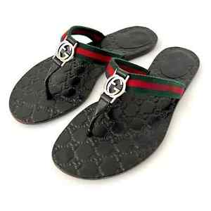 GUCCI | GG Web Stripe Black Thong Sandals Slides Flats Flip EU 40.5 US 10.5