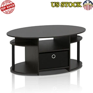Oval Coffee Table Built-In Shelves And Non-Woven Bin Storage Living Room Walnut - Picture 1 of 5