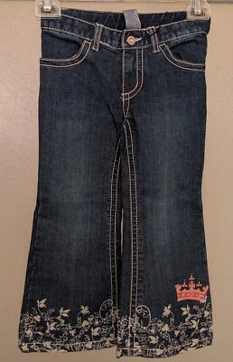 Parche de calabaza, 4T, jeans acampanados para niña, bordado corona blanca y rosa - cintura ajustable Foto 1 de 4