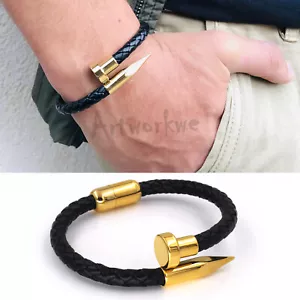 Para hombre Tejido Cuero Genuino Oro Uñas Pulsera Dije Puño Amor Brazaletes Joyería - Imagen 1 de 2