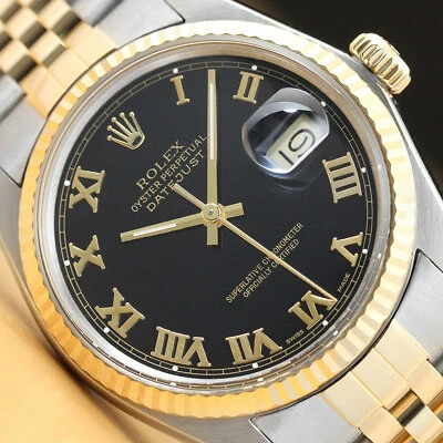 ROLEX MENS DATEJUST BLACK ROMAN 18K YELLOW GOLD & STAINLESS STEEL WATCH - Image 1 of 4