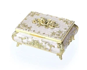 WHITE TIN ALLOY GOLD ROSE RECTANGLE MUSIC BOX : MEMORY - Picture 1 of 2