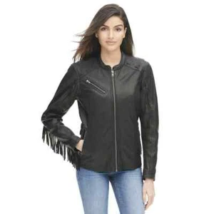 New Women's black Leather Motorcycle fringe Jacket 100% Genuine Soft Lambskin - Picture 1 of 5
