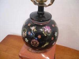 Vtg Hand Painted Black/multi color raiesd enameled Table Lamp 22" tall - Picture 1 of 18