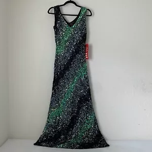 NWT Marina Gown 8 Black Green Sequin 100% Silk Maxi Dark Romantic Glam Prom - Picture 1 of 9