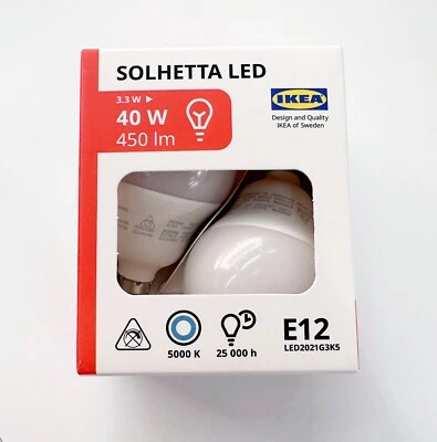 2-PACK - Ikea SOLHETTA LED Bulb E12 450 Lumen 5000 K, Globe Opal 3.3 W - NEW - Image 1 of 2