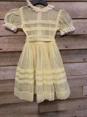 Vintage Yellow Organza Swiss Dot Little Girls Dress - Image 1 of 4
