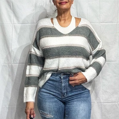 Suéter Elan Rayas Cuello en V Manga Larga Talla M Nuevo sin Etiquetas Foto 1 de 4