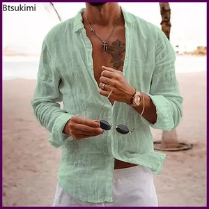 2025 Men's Cotton Linen Shirts Top Simple Laple Solid Man Shirts Tops - Picture 1 of 37