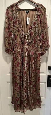 Vestido comprimento chá floral veludo burnout tórrido novo com etiquetas tamanho 4 bolsos gola V - Imagem 1 de 4