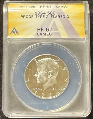 1964 Kennedy Half Dollar Silver Proof ANACS PF67 Type 2 Flared G - Image 1 of 2