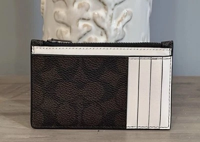 COACH CV764 Zip Card Case In Signature Canvas & Refined Leather Walnut/Chalk - Image 1 of 4