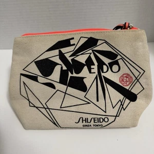 Shiseido Orange and White Canvas Cosmetic Makeup Bag Zipper Closure - Picture 1 of 4