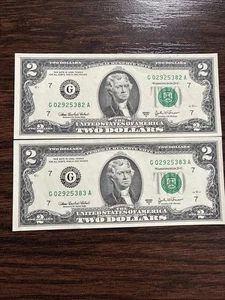 2003 2 Dollar Bill In Sequence of 2 Bills In A Row # VERY RARE G 02925382 83A - Picture 1 of 2