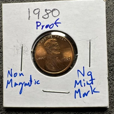 1980 Proof Lincoln Memorial Cent UNC. Off Center Die Punch. No Mint Mark. No Mag - Image 1 of 4