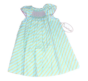 Mädchen gesmoktes Giraffe Boutique Bischof Kleid 2T Neu mit Etikett aqua weiß gestreift Baumwolle - Bild 1 von 3