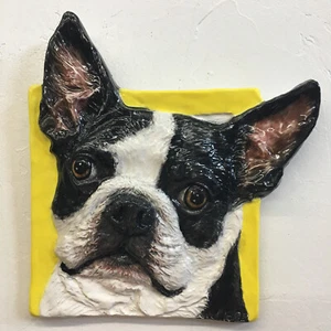 Boston Terrier Dog Tile Ceramic portrait handmade sculpture Alexander Art USA - Picture 1 of 4