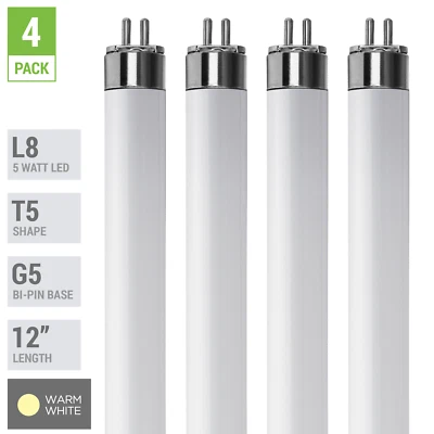 4 Pack LED Tube L8 F8T5/30K 12" INCH 5W =8W G5 Mini 2-Pin Base 3000K Warm White - Image 1 of 4