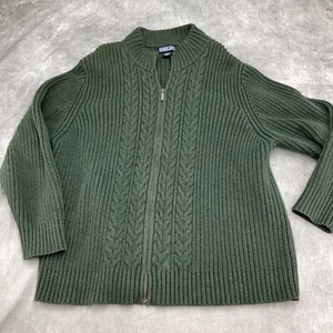 Lands End Cardigan Women 2XLR 20-22W Green Full Zip Cable Cotton Heavy Japan - Picture 1 of 12
