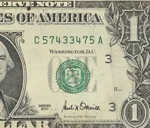 Radar Fancy Serial Number One Dollar Bill C57433475A 5s 7s 4s 3s - Picture 1 of 7