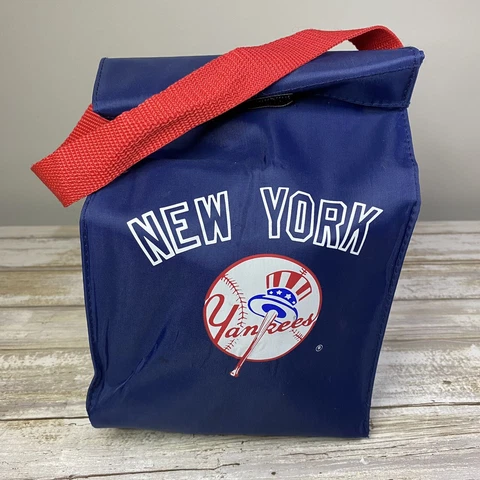 NY YANKEES ~ SMALL LUNCH BAG TOTE ~ BLUE W/RED HANDLE & NEW YORK YANKEES LOGO Cover
