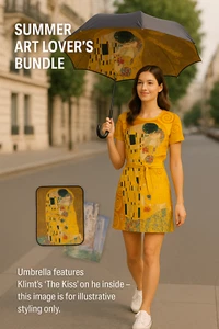 🖼️ Summer Art Lover’s Bundle – Gustav Klimt ‘The Kiss’ Dress, Umbrella + Poster - Picture 1 of 3