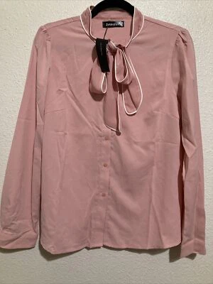 Nova gravata borboleta Allegra K tamanho M rosa manga longa branca gola redonda Barbiecore - Imagem 1 de 3