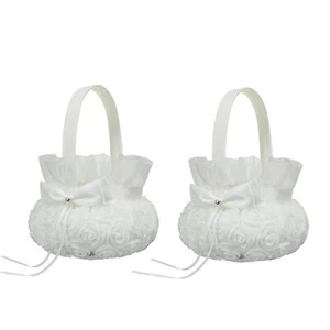 2PCS Wedding Flower Girl BasketsCute Handle Rose Flowers Girl Basket White Fl... - Picture 1 of 7
