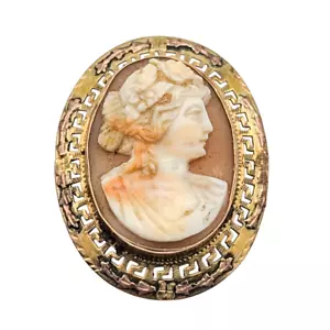 Vtg 10K Gold Carved Shell Large Cameo Brooch Pin Greek Key Beauty Woman Detailed - Picture 1 of 5