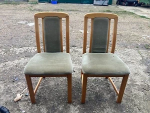 Vintage Brown Wooden Dining Chairs x 2 with Green Fabric Seats & Backs - Picture 1 of 4